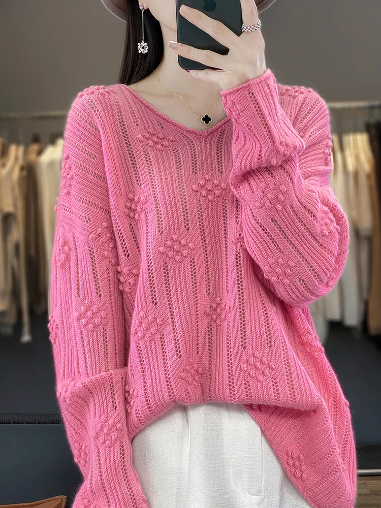 High Quality Women's V-neck Hollow Out Pullover Sweater Bohemian Style Loose Twist Flower 100% Merino Wool Knitwear Spring Tops