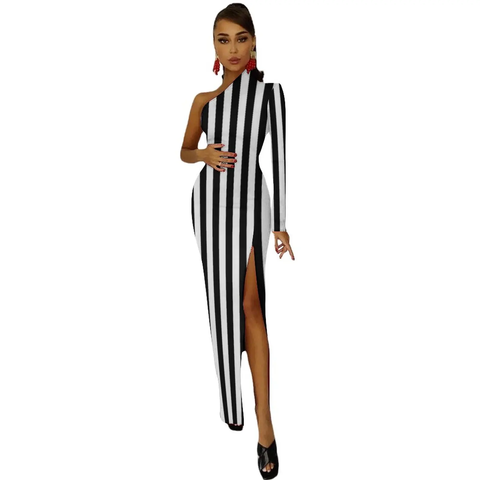 Black White Striped Maxi Dress One Shoulder Vertical Stripes Aesthetic Bodycon Dresses Side Split Elegant Dress Graphic Vestido