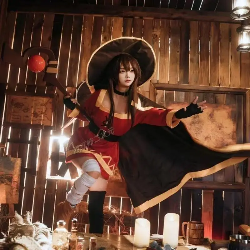 Anime konosuba megumin cosplay traje peruca clássico bruxa traje uniforme manto chapéu venda meia festa de halloween feminino
