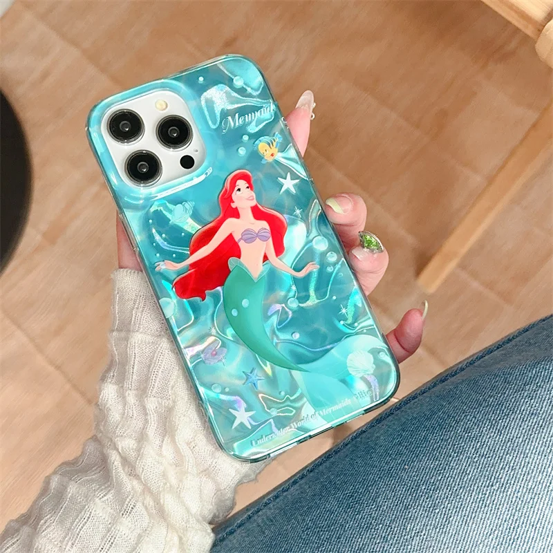 Disney Princess Mermaid Arile Blue Phone Case for Apple iPhone 15 14 13 12 Pro Max INS Cute Cartoon Back An-fall Shell Covers