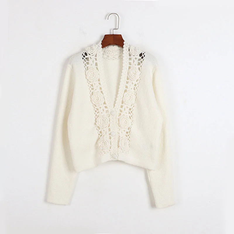 

Handmade Crochet Hollow Sweater Early Autumn Winter French Style Wool Blend Flower Deep V-Neck Button White Knit Sweater Women