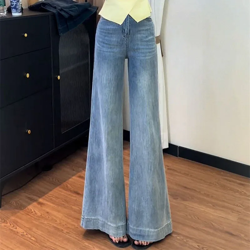 Korean Women Fashion Non Stick Leg Jeans Autumn Female New High Waist Denim Pantalons Ladies Solid Color Flared Cowboy Trousers view 5