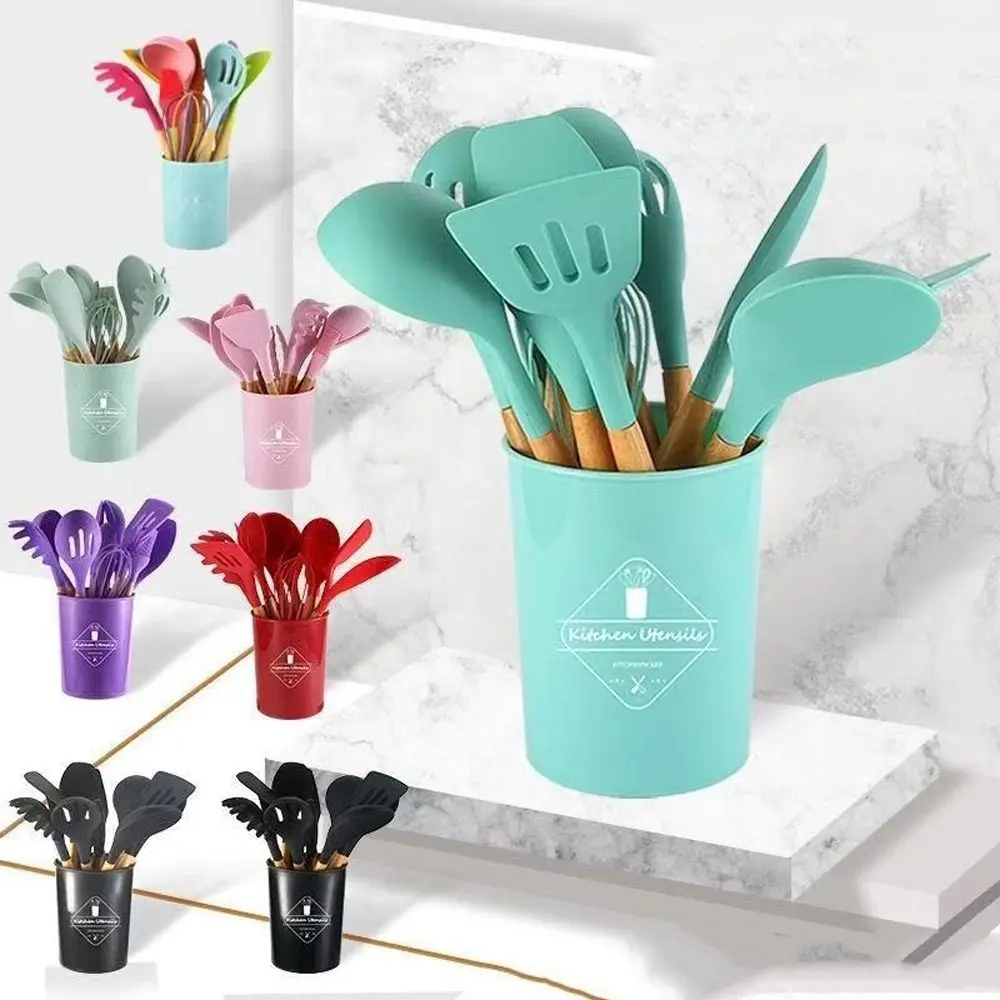 

12pcs Wooden Handle Kitchen Utensils Set Heat Resistant Silicone Baking Shovel with Storage Bucket Eco-Friendly Soup Spoon