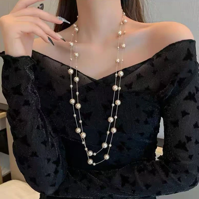 Elegante Temperament Mehrschichtige Layered Perle Kette Halskette Prominente Lange Pullover Kette frauen Mode Schmuck Zubehör – Detail 5