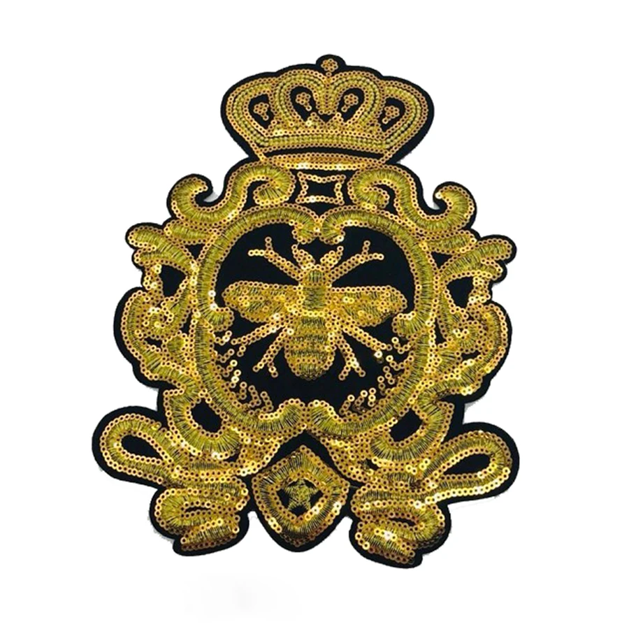 1Pc DIY New Gold Sequins Crown Bee Patches Embroidery Applique Sew on Clothes Craft Scrapbooking