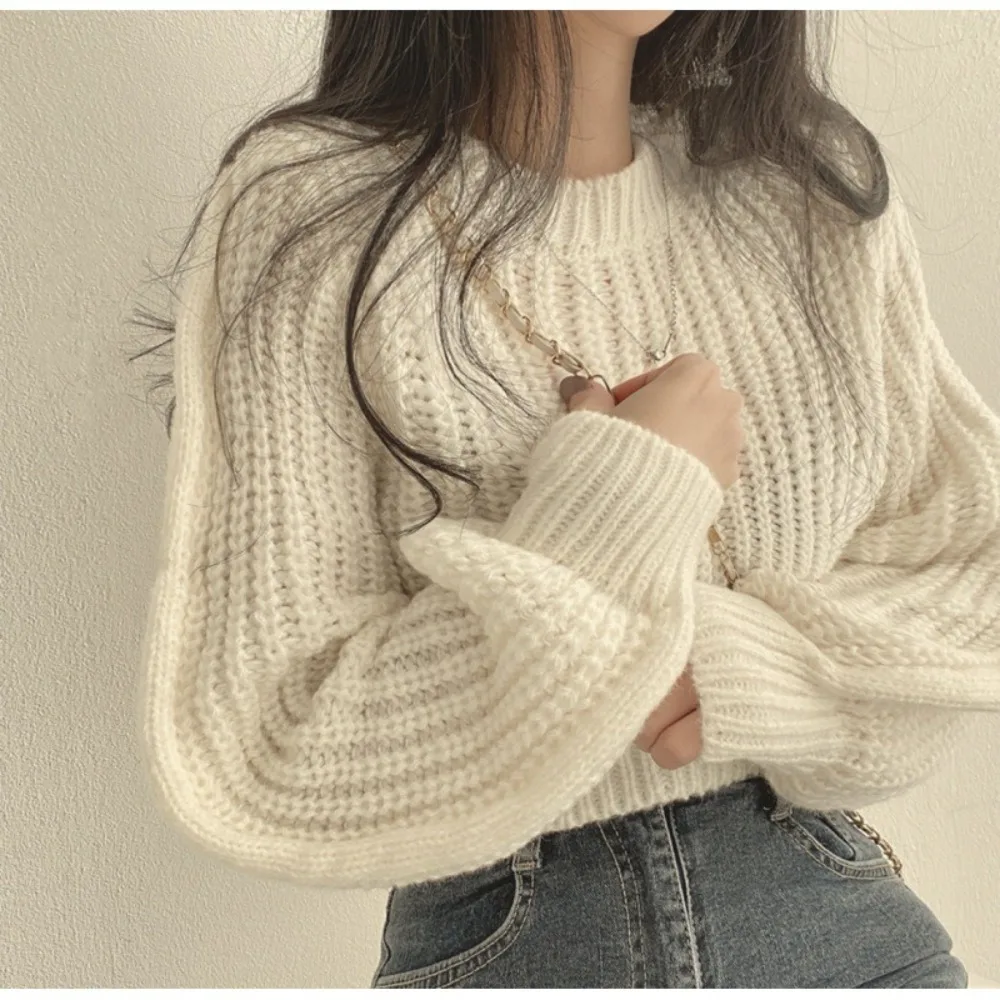

Korean Style Autumn Winter Women Sweater Vintage Lantern Long Sleeve Solid Femme Sweater Loose Soft Knitwear Warm Tops