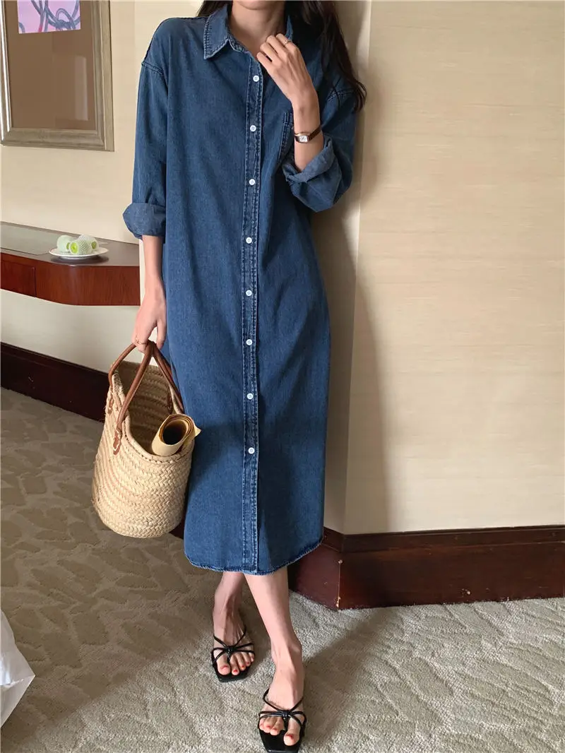 2Colors Women Denim Shirt Dress 2023 Spring Autumn Long Sleeve Elegant Single Breasted Jeans Female Dress Womens (G9390