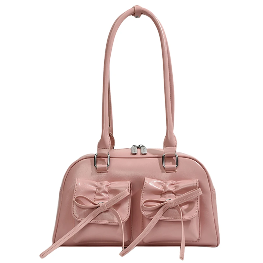 Women Casual Armpit Bag Double Pockets PU Leather Daily Commuting Bag with Bow Simple Shopping Bag Solid Color for Outdoor Party