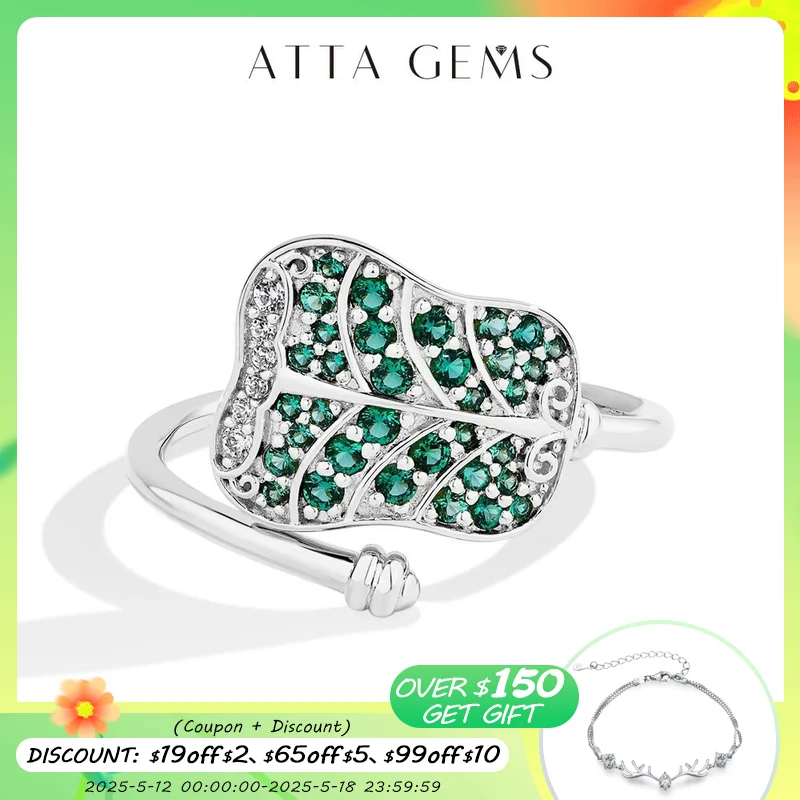 

ATTAGEMS Lab Emerald Ring for Women Banana Fan Shape 925 Sterling Silver Black Monkey King Adjustable Rings Party Gift Wholesale