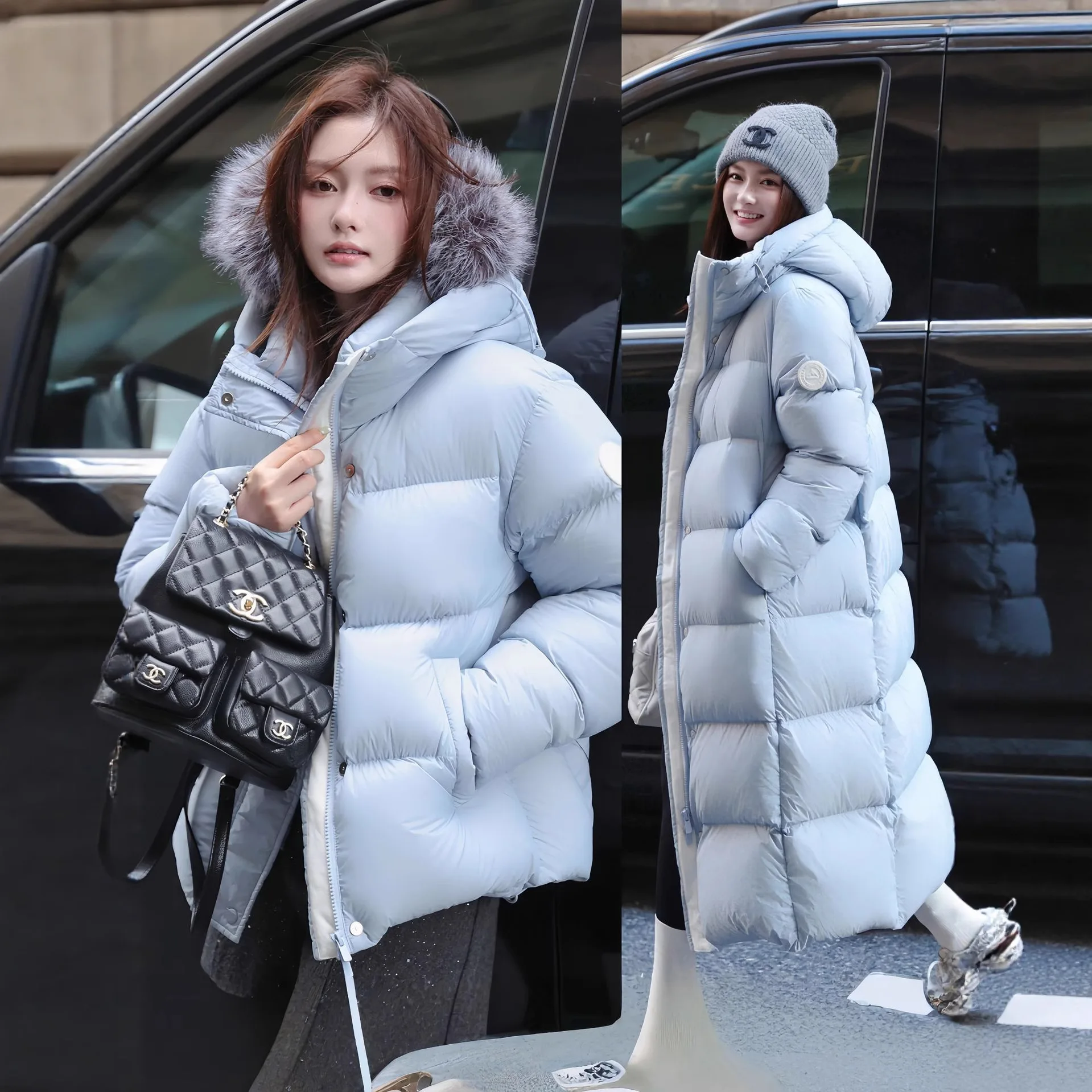 سترة بغطاء للرأس طويلة وقصيرة مقاومة للبرودة للنساء في شتاء 2025، طراز جديد عصري مع حزام ذراع سميك وأبيض