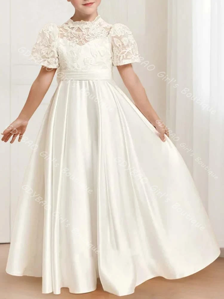 Customized Girls Princess Flower Girl Dress for Wedding 2-14 Kids Ivory Lace Satin First Communion Dress Ankle Length Party Gown