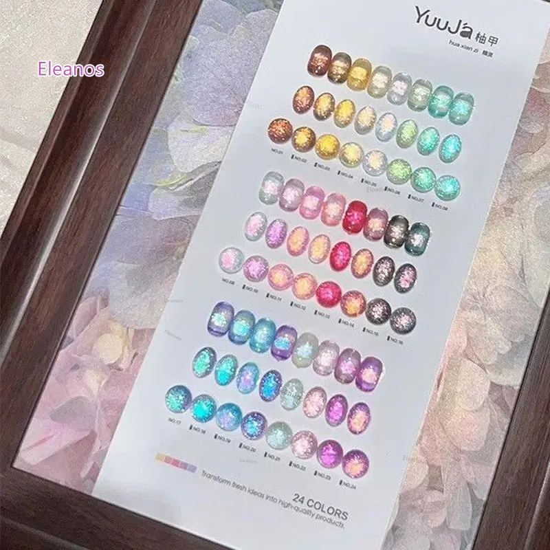 Eleanos Fairy Glitter 24 szt. Lakier do paznokci kocie oko z kolorowym kartonikiem 15ml Żel magnetyczny półtrwały Soak Off UV do salonu paznokci