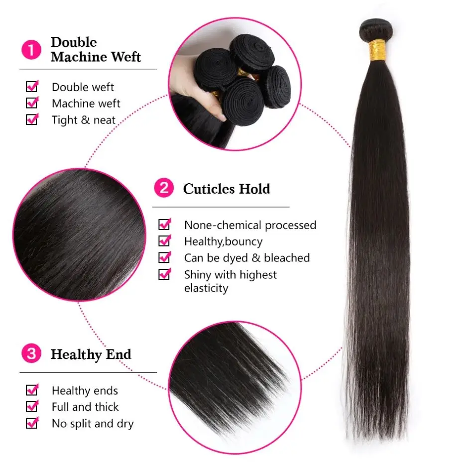 Extensões cruas do cabelo humano para mulheres negras, natural, reto, pacotes, 10-30 dentro, 1 PC, 3 PCes, 4 PCes