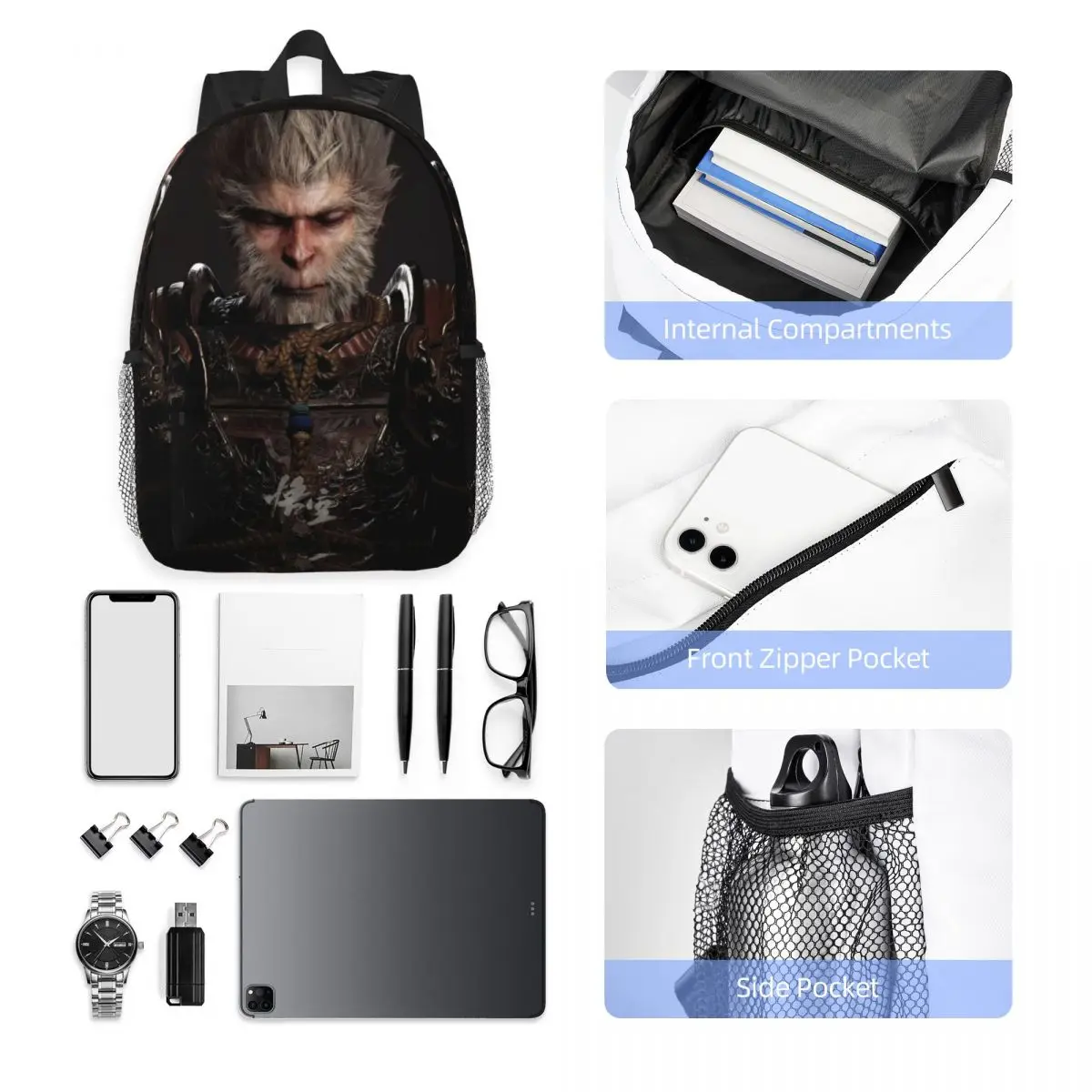 Wu Kong-Black Myth impresso leve Casual Schoolbag, adequado para a escola, ao ar livre, compras, escritório, 15 Polegada