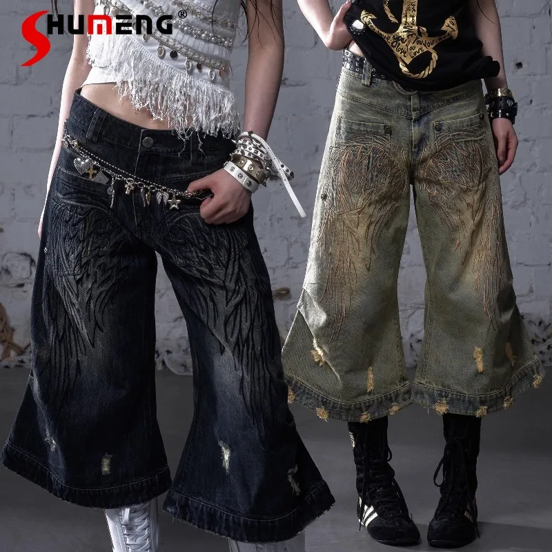 New American Retro Punk Street Style Short Jeans Heavy Industry Embroidered Wings Washed Old Loose Wide-leg Denim Cropped Pants