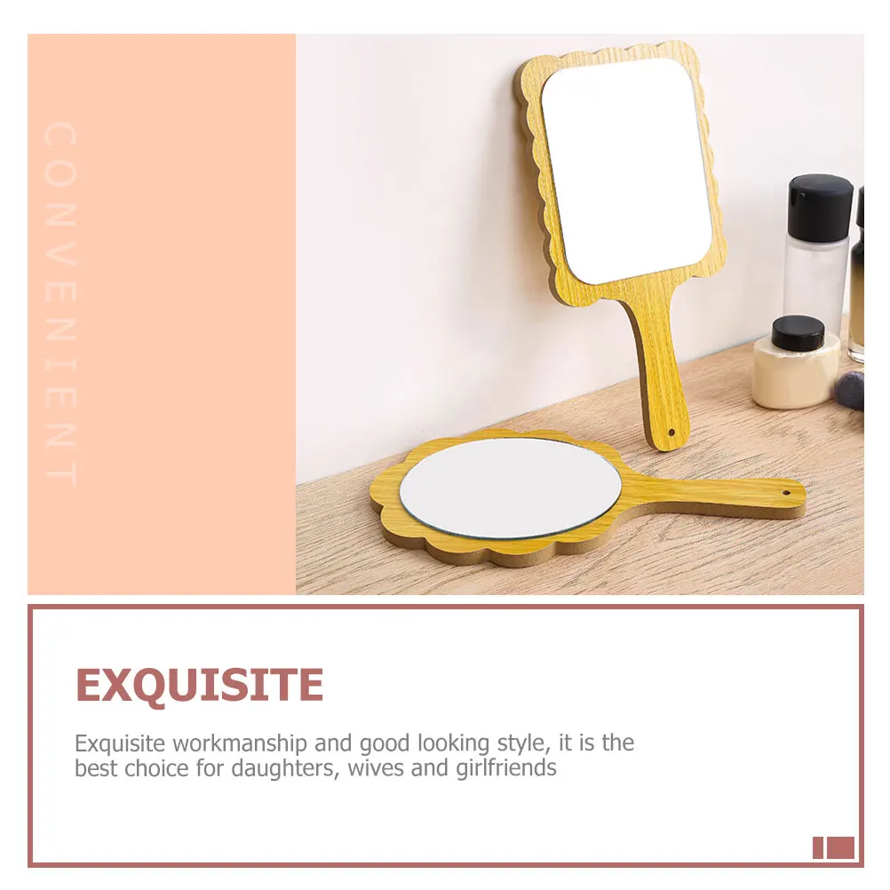 2Pcs Wooden Hand-Held Makeup Mirrors Small Portable Lightweight Vanity Mirrors for Travel Home Use Mirror Wooden Mirror
