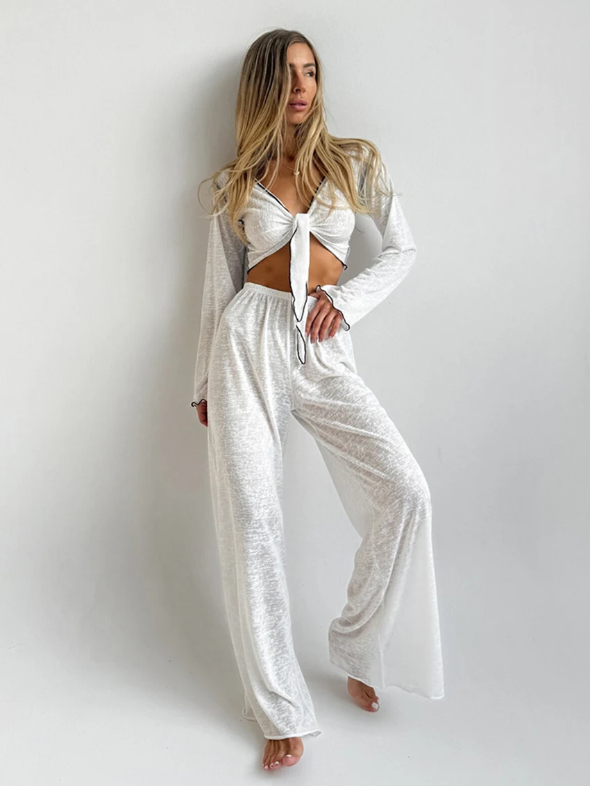 Marthaqiqi Casual Female Pajamas Suit V-Neck Nightie Crop Top Nightwear Long Sleeve Nightgowns Pants Women Nightwear 2 Piece Set