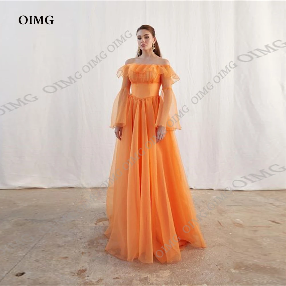 OIMG-vestido de fiesta largo de tul naranja elegante, Vestidos de Noche de línea A, mangas completas, sin tirantes, Formal, Club nocturno, Gown2023