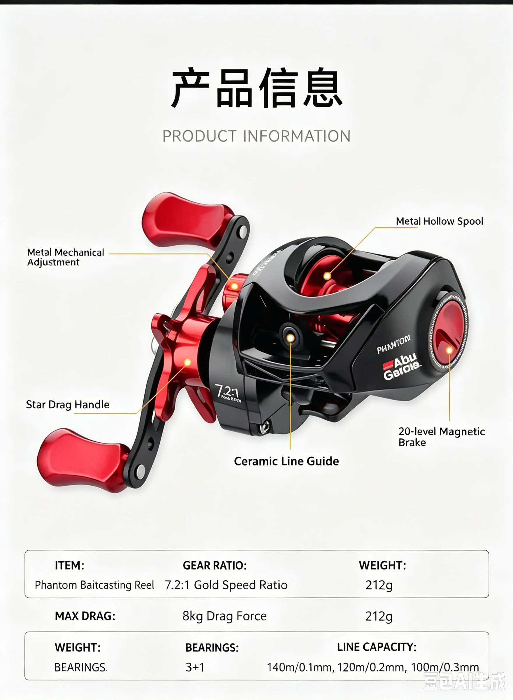 Neue Abu Garcia Baitcasting-Rolle mit 7,2:1 Übersetzungsverhältnis, 8 kg Bremskraft, Messinggetriebesystem, 3+1 Kugellager für das Angeln mit Kunstködern. – Detail 1