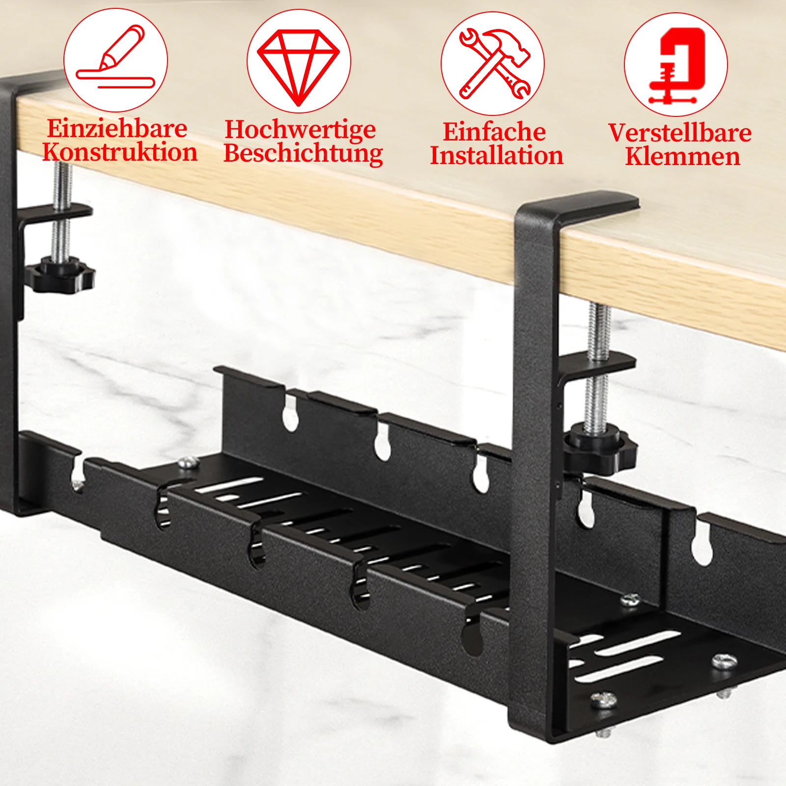 1 قطعة صواني مرتبة لكابل المكتب، إدارة الكابلات تحت المكتب، سلة كابل غير مثقاب معدنية، صينية إدارة الكابلات قابلة للتعديل، كابينة سوداء