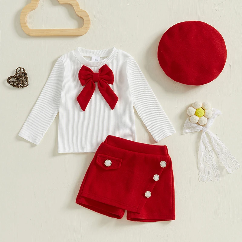 Toddler Baby Girls Shorts Set Crew Neck Long Sleeve Bowknot Ribbed T-shirt with Shorts and Beret Fall Outfit 2Pcs Clothing Set