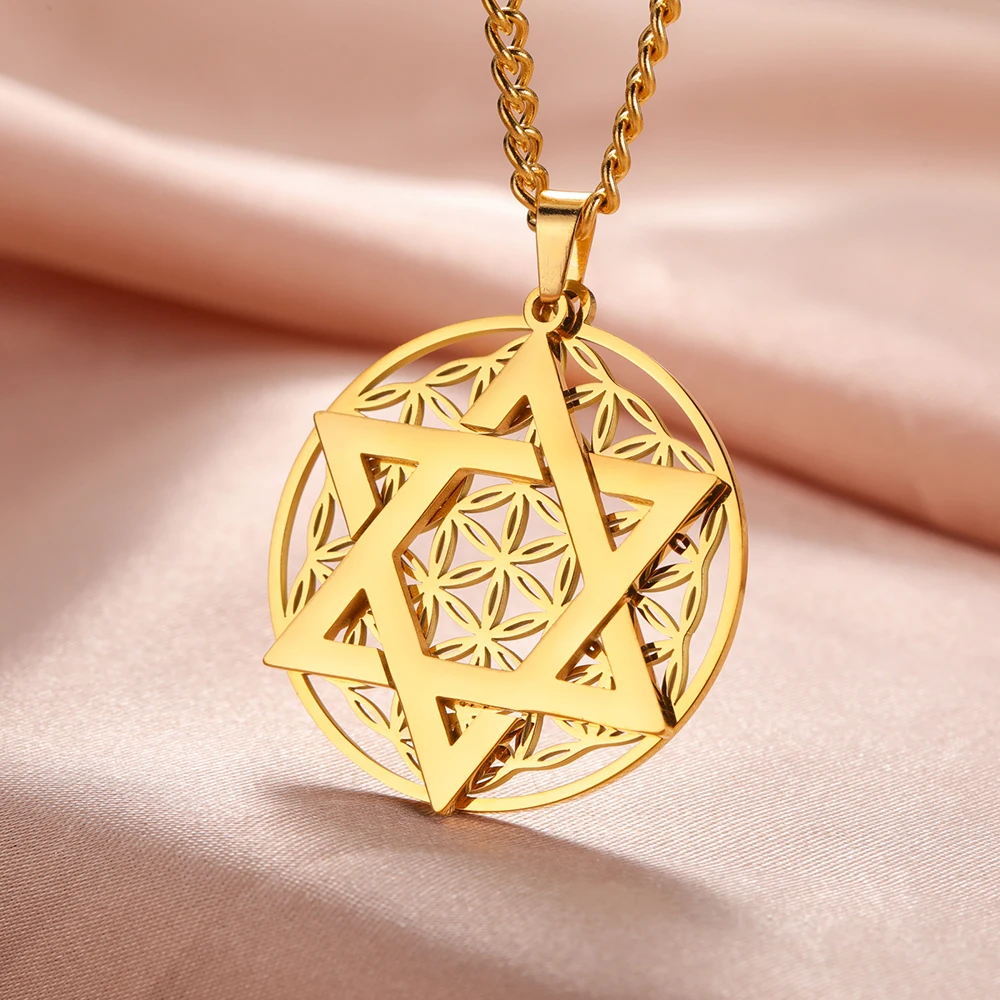 Dawapara Flower of Life Judaism Hexagram Necklace Stainless Steel Star of David Pendant Sacred Geometry Amulet Jewish Jewelry