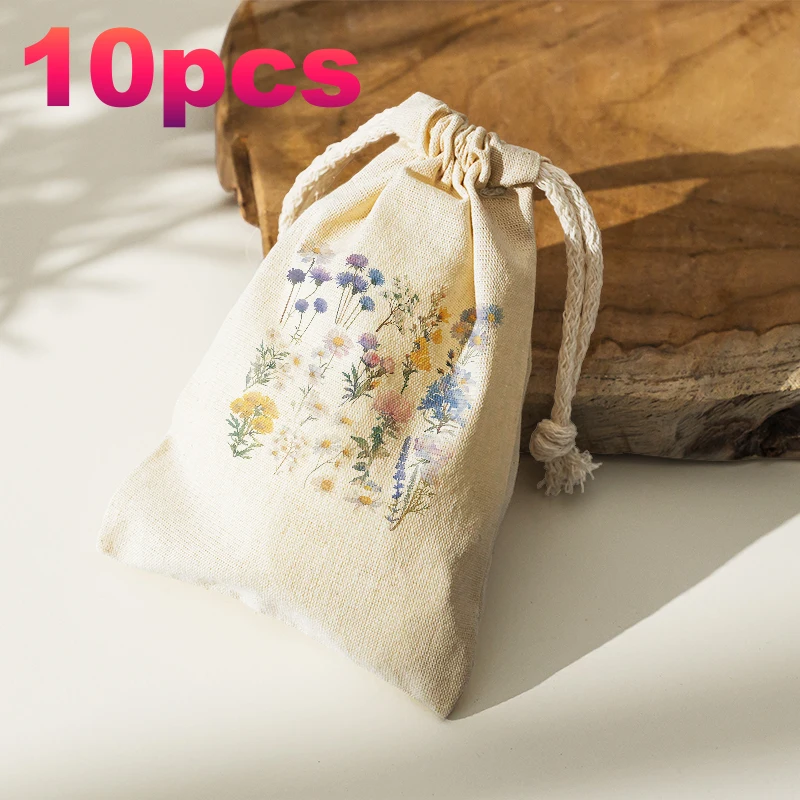 10pcs/Cotton eco-friendly reusable travel shopping handbag, storage bag, drawstring shopping bag, minimalist wildflower canvas