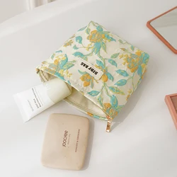 Women's Cosmetic Bag Small Yellow Flower Canvas Large Capacity Portable Cosmetic Lipstick Storage Bag Commuter Coin Purse Ins