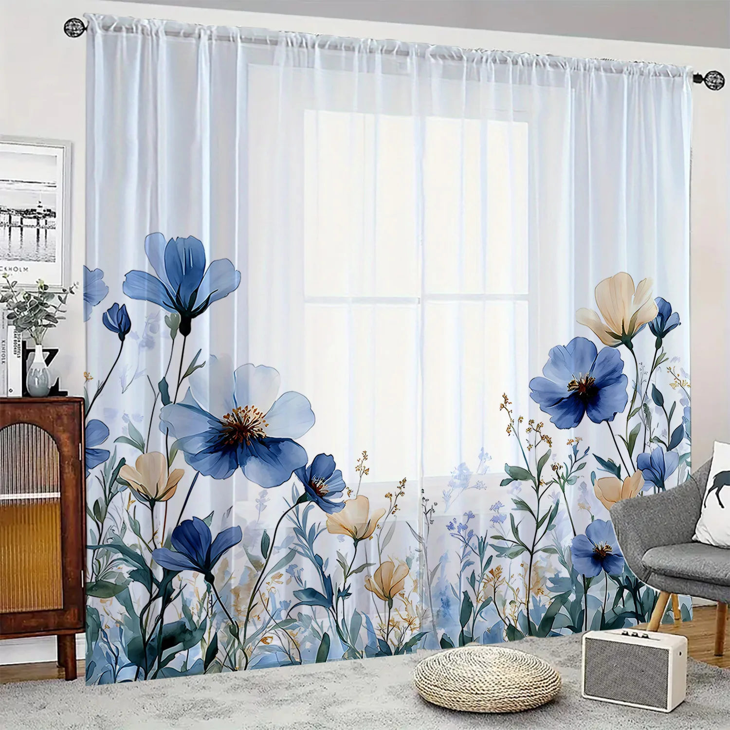 2 Stück HD-Digitaldruck Vorhänge mit Blumenmuster, Heimdekoration, Wohnzimmer-Fenstervorhang