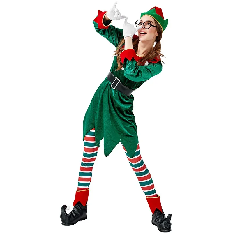 Adulto meninas papai noel trajes elfo verde veludo terno de natal natal ano novo masquerade cosplay vestido extravagante