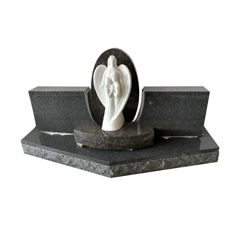 Black granite headstone, angel relief design cemetery memorial