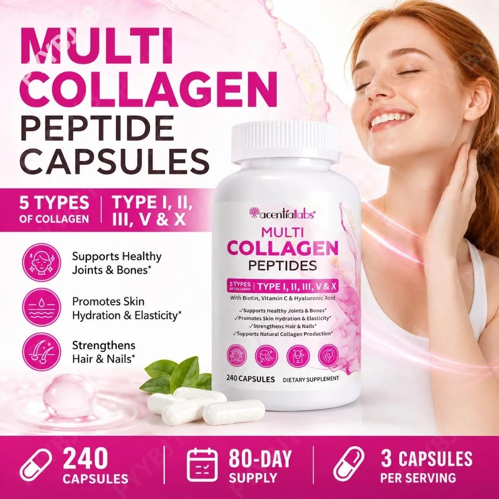 Multi Collagen Peptide Capsules with Biotin Vitamin C Hyaluronic Acid for Skin Hydration Healthy Joints Bones Hair Nails 240 Ct