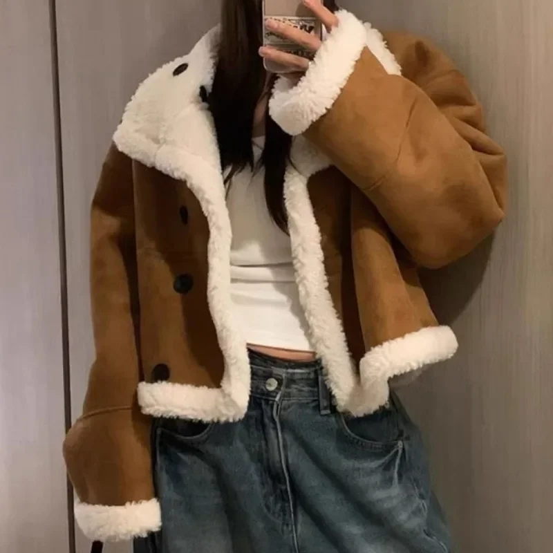 2 Ways Wear Women 2024 Outerwears Lambswool Jacket Loose Long Sleeve Chaquetas Mujer All-match Jackets Autumn Winter Coats