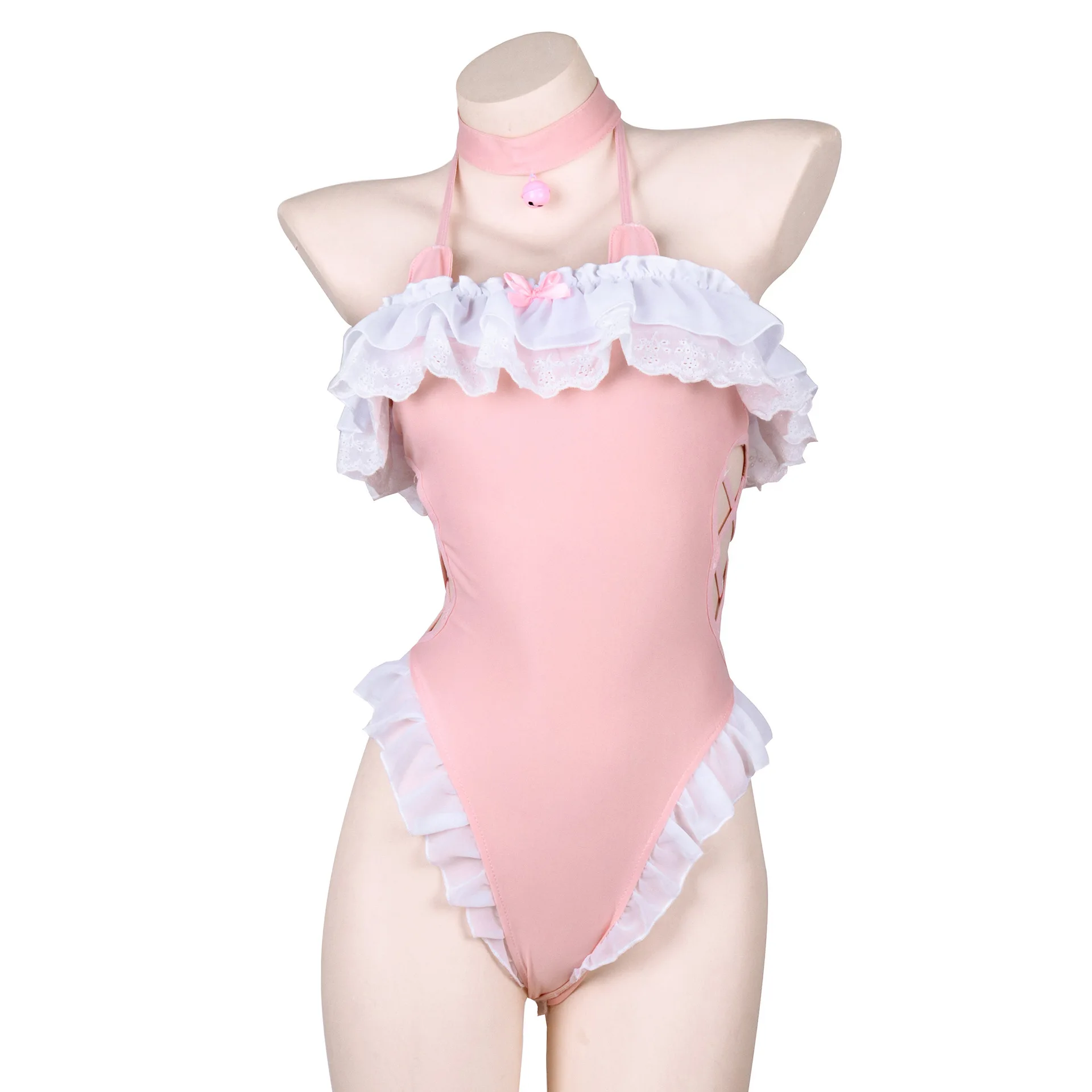 Lolita Sweet Swimsuit Backless Ruffles Lace Women Sexy Bodysuit Cute Bunny Girl Sleepwear Costumes Halter Off Shoulder Lingerie