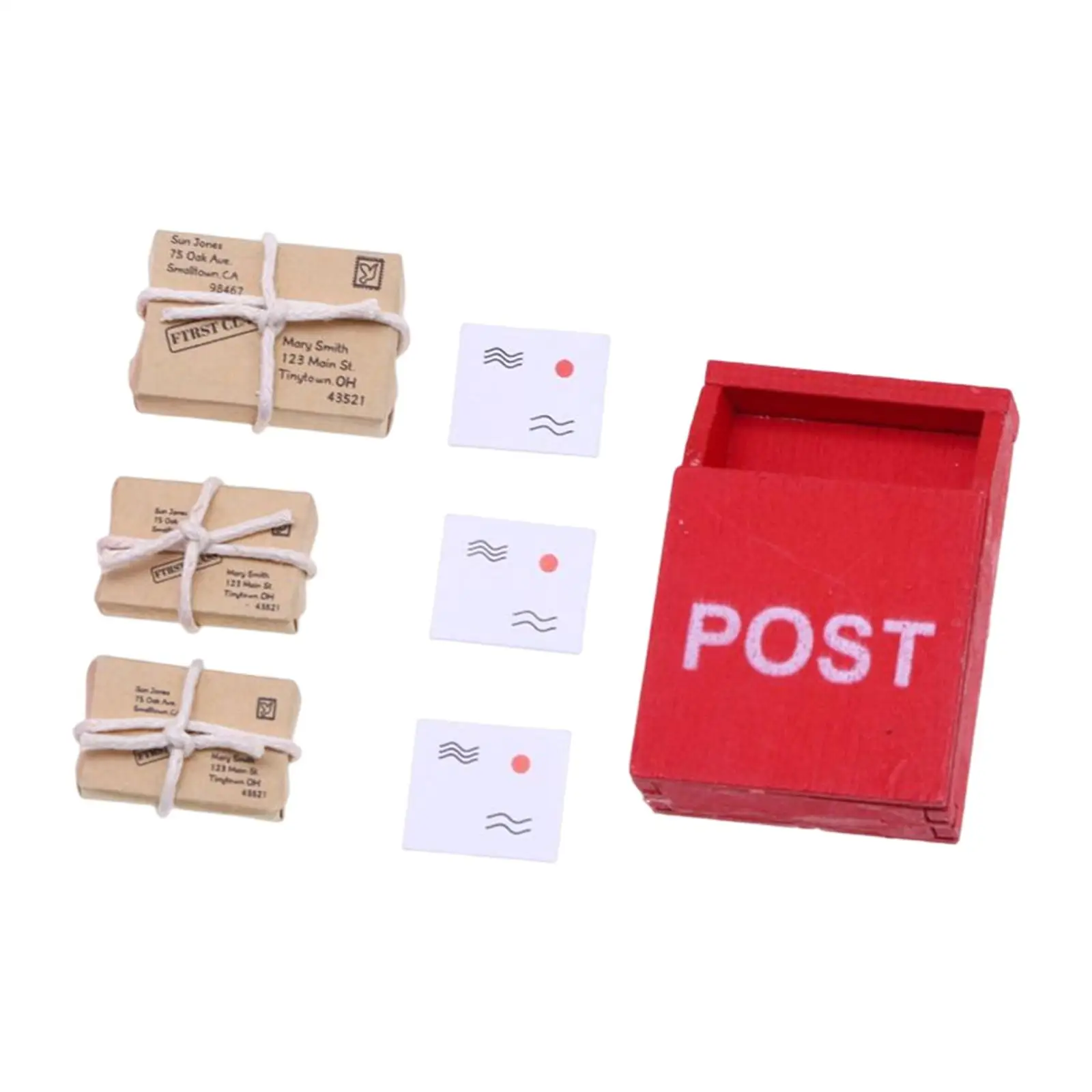 Simulação 7 pçs 1/12 casa de bonecas em miniatura caixa de correio pacote modelo adereços fotográficos acessório de móveis brinquedo educativo realista