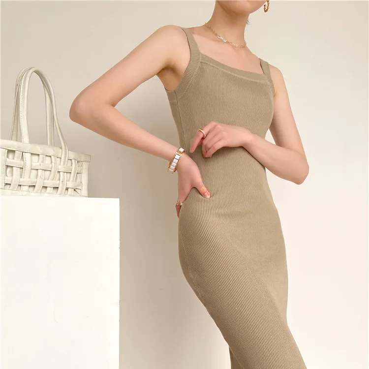 

2990 Spring Summer New Off-Shoulder Mid-Length Knitted Vest Inner Wear Sexy Strap Dress
