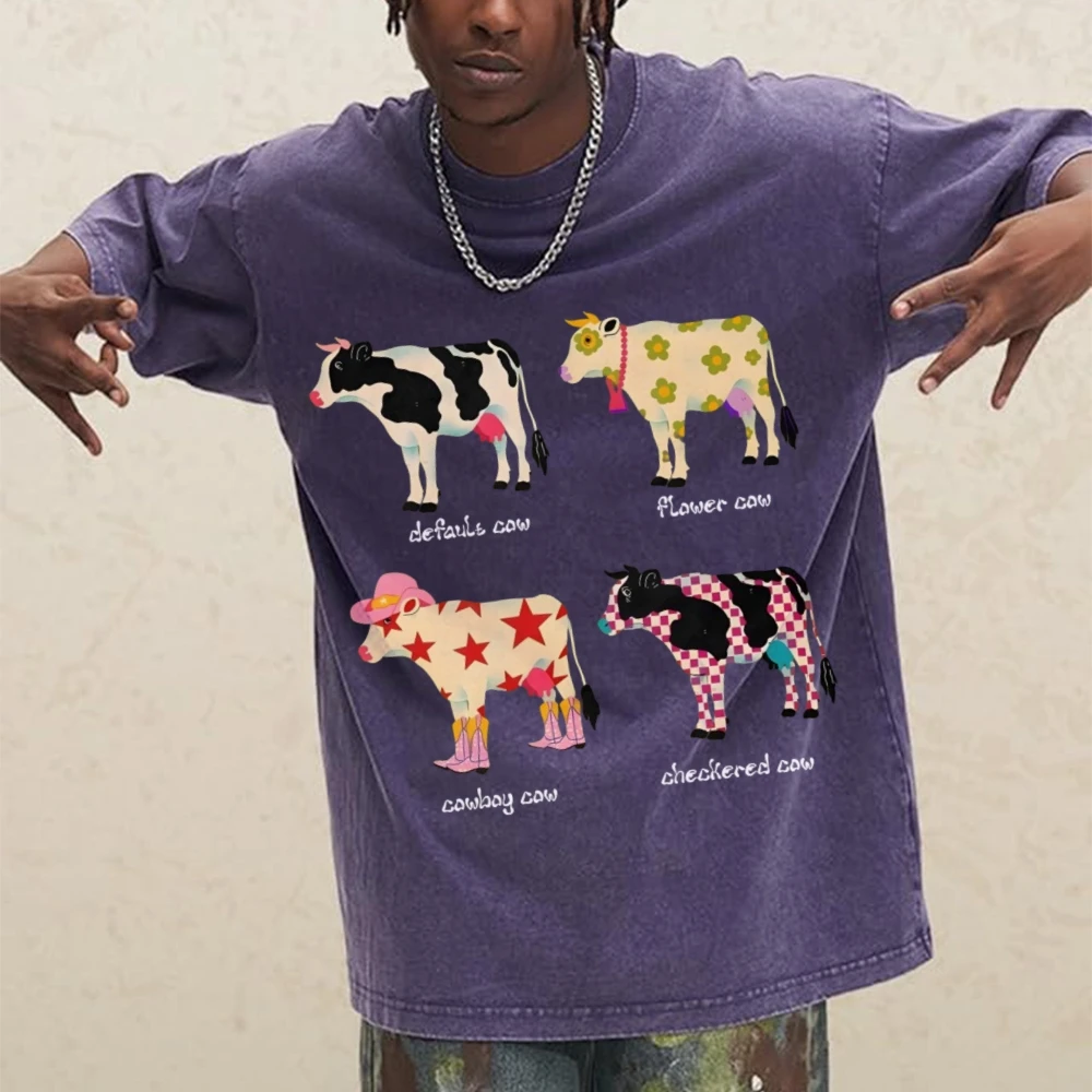 Cute Cartoon Cow Graphic T-Shirt Unisex Top Casual Loose Washed Denim Y2k Style Trendy Hip-Hop Clothing Cotton Short Sleeves image 6