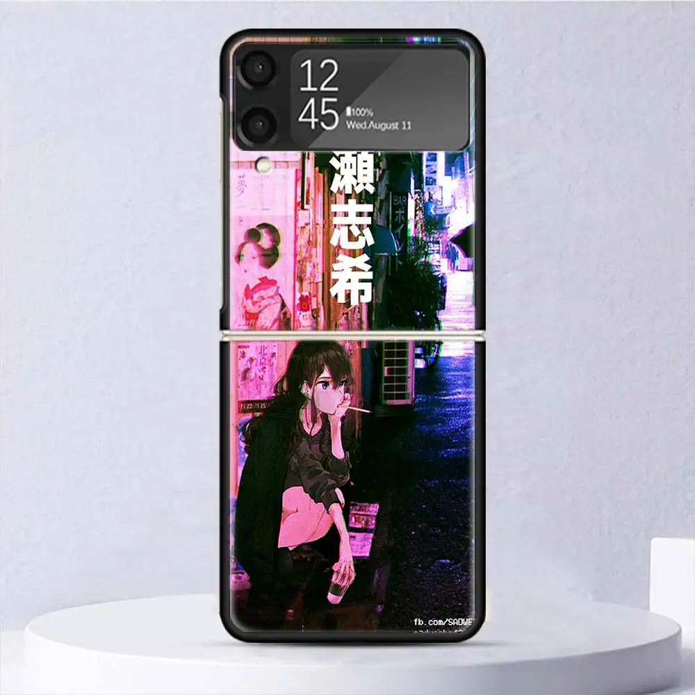 Anime Vaporwave Glitch Purple Shockproof Hard Case For Samsung Galaxy Z Flip 6 5 4 3 5G Phone Cover Z Flip3 Flip4 Flip5 Flip6 Bl