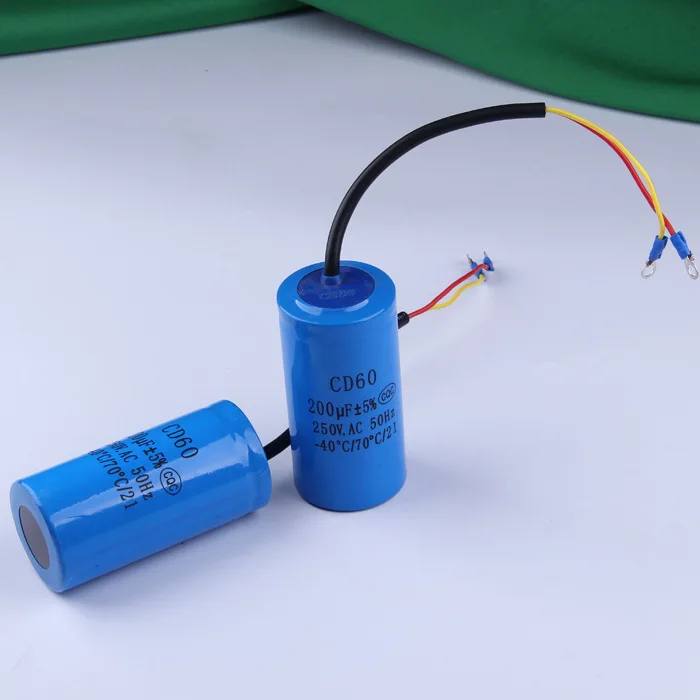 CD60 200uF 250V AC Starting Capacitor For Heavy Duty Electric Motor Air Compressor Red Yellow Two Wires