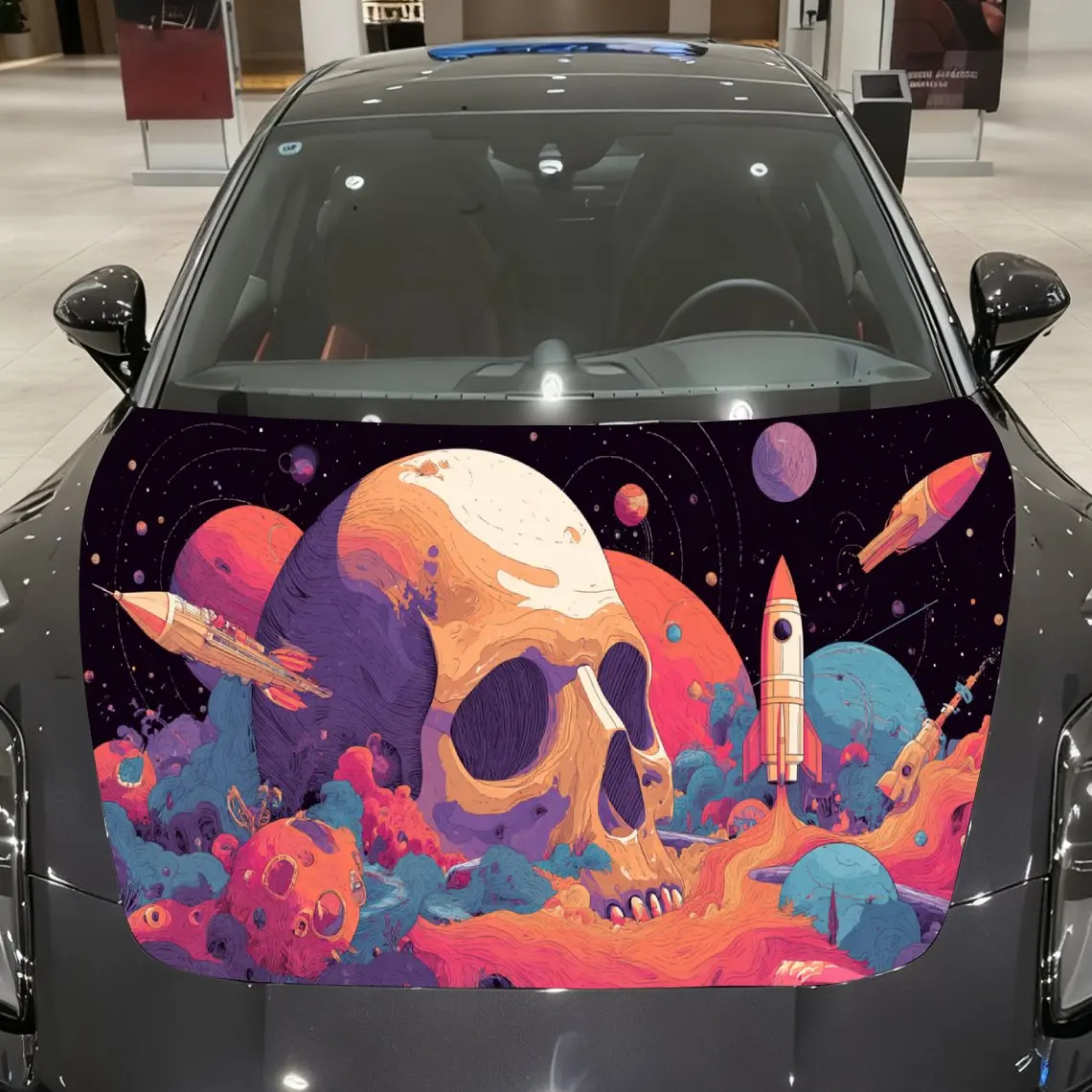 غلاف غطاء محرك السيارة على شكل جمجمة الفضاء، ملصق غطاء محرك السيارة للصاروخ والكواكب القديم، ملصق غطاء تلقائي للخيال العلمي، سيارة مقاومة للماء وذاتية اللصق #1
