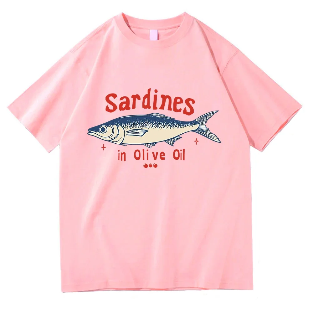 Sardines à l'huile d'olive rouge bleu imprimé t-shirt drôle imprimé femmes col rond été graphique t-shirts vêtements de sport