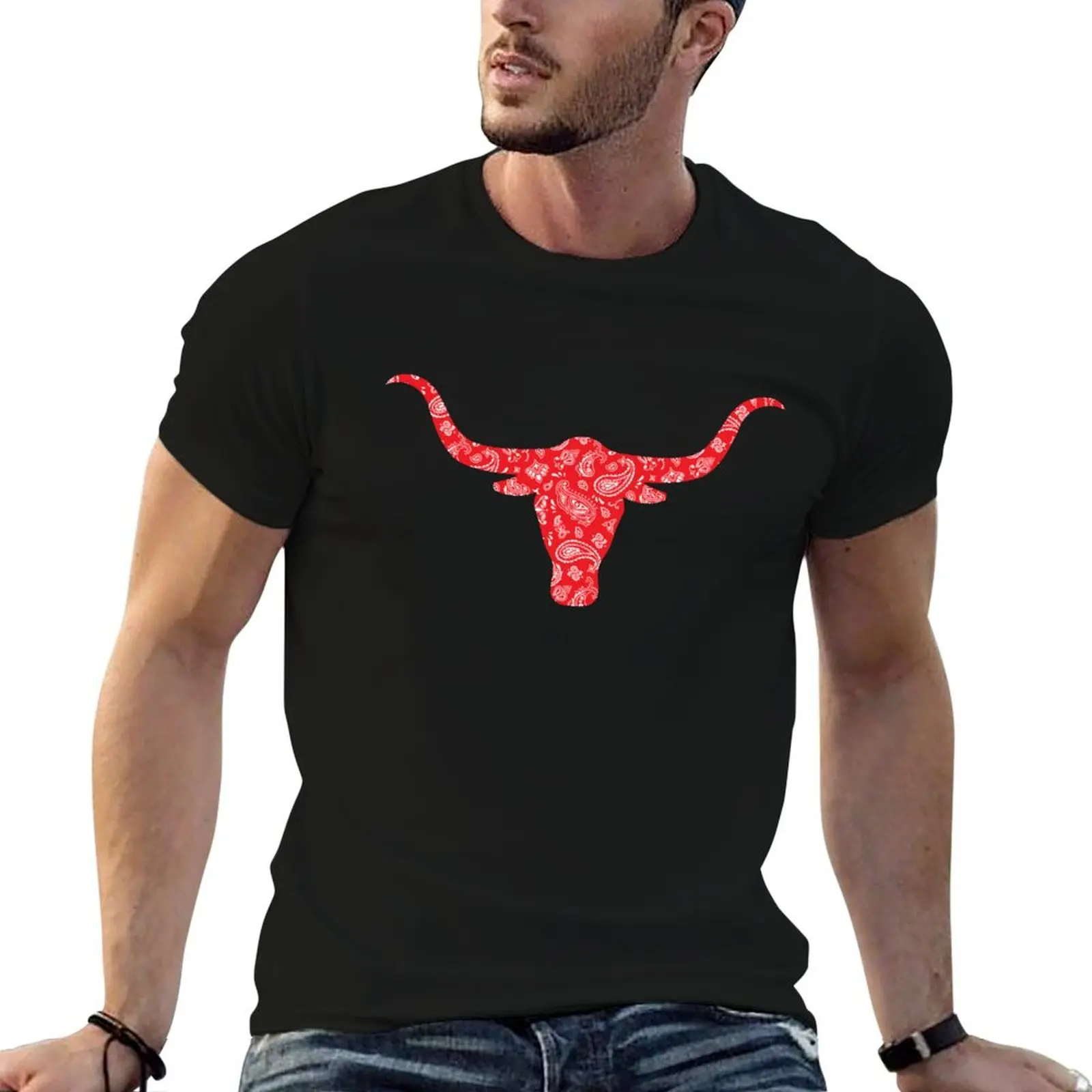 Western Bull with Horns in Red Bandana T-Shirt Short sleeve tee anime stuff t shirts men