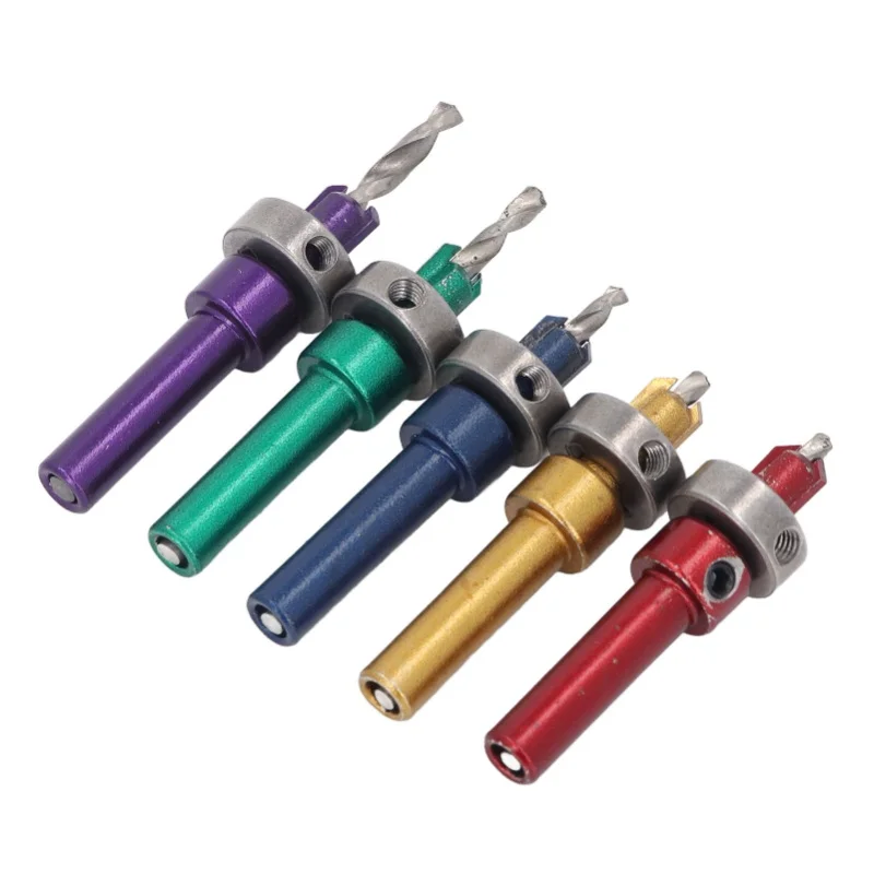 5個入りカウンターシンクドリルビットセット、木材用精密穴あけ合金鋼、深さ止め付き、木工・大工仕事用