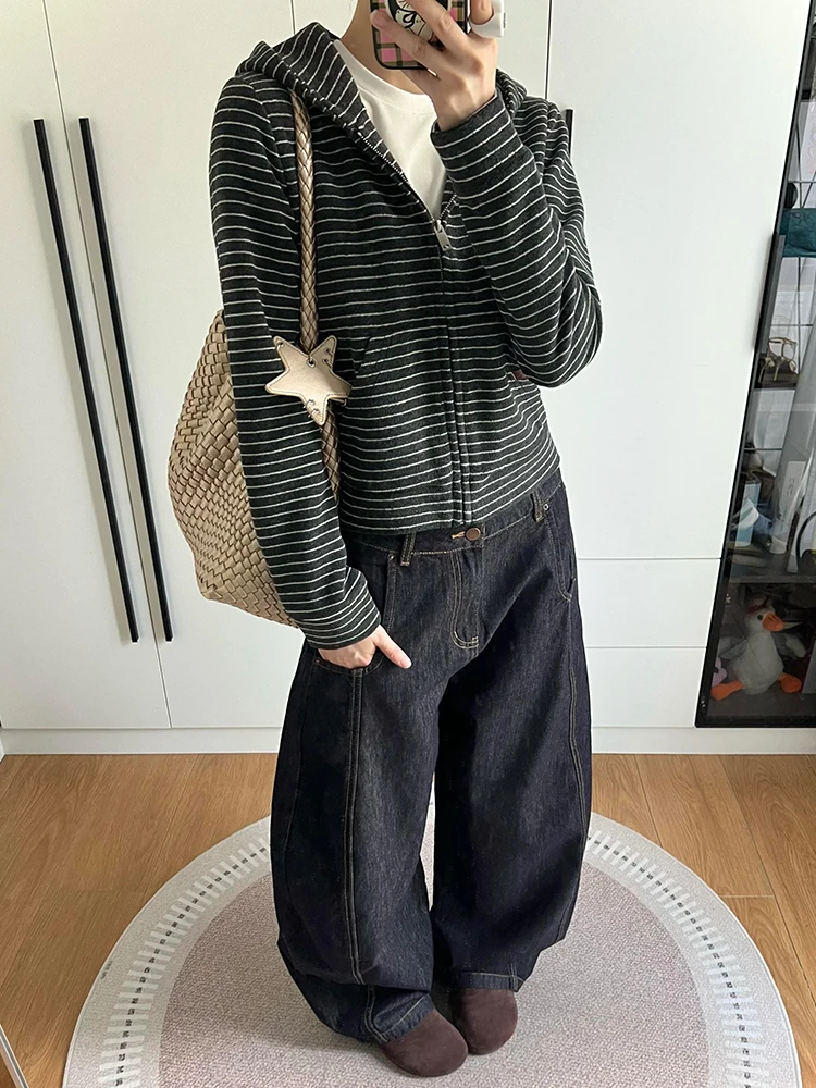 เสื้อคาร์ดิแกนผู้หญิงทรงเข้ารูป สไตล์ถักนิตติ้ง มีฮู้ด เปิดด้านหน้า ดีไซน์ลายทางสุดเก๋ แฟชั่นลำลอง สำหรับฤดูใบไม้ผลิและฤดูใบไม้ร่วง ปี 2025