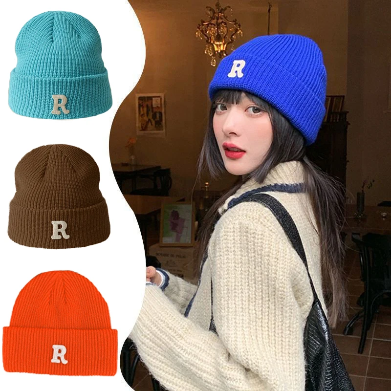 Unisex Winter Knitted Hat R Letter Simple Beanie Cap Skullies Beanies Soft Hip Hop Casual Bonnet Caps for Women Men