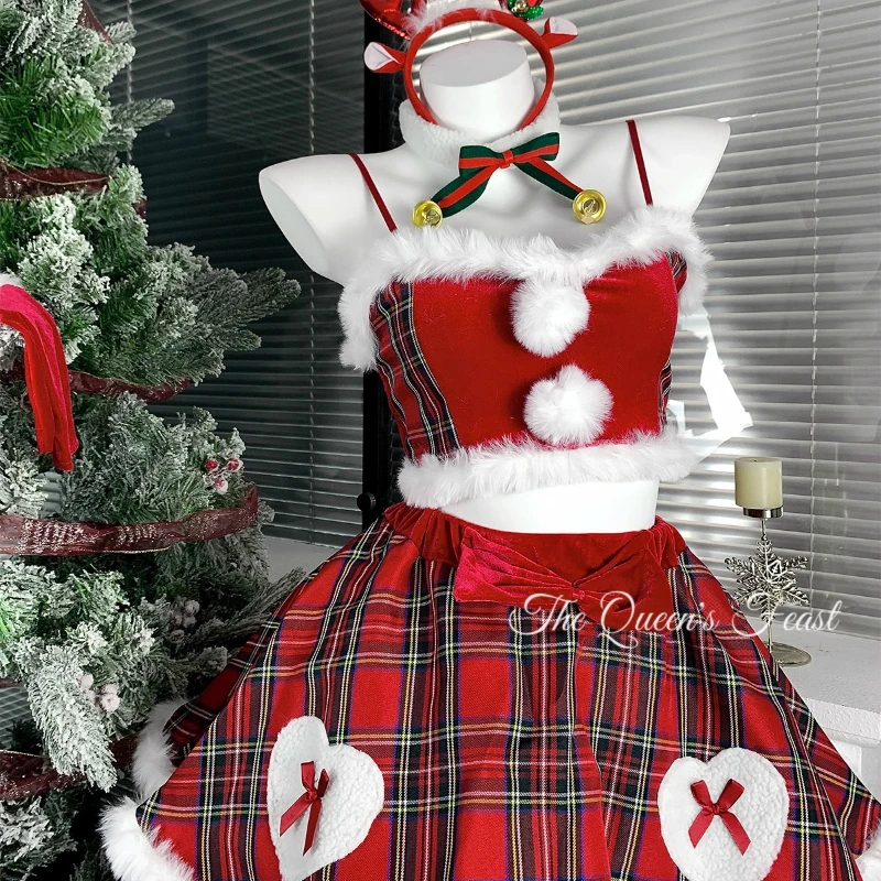 Kerst Outfit 2025 Winter Nieuwe Rode Fluwelen Raster Splicing 2 Stuk Zoete Cool Sexy Korte Rok Uniform Hot Girl Groep set Dames