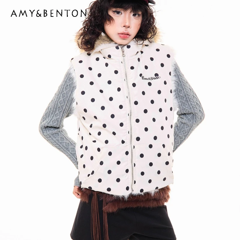 الفرنسية الرجعية الأبيض البولكا نقطة فو الفراء عكسها المرأة صدرية 2025 الخريف الشتاء جديد الحلو كول تنوعا سترة دافئة السيدات #1