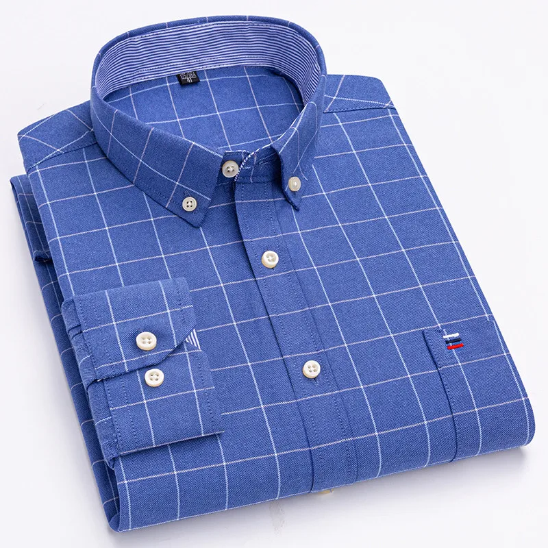Men's 100% Cotton Shirt Long Sleeve Plaid Oxford Casual Solid Color Print Regular Fit Formal Dress Shirt Oversized 7XL  6XL 5XL, image 12