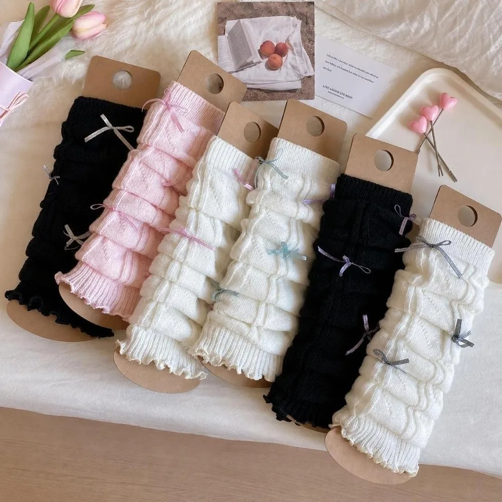 Solid Color Leg Warmers Knitted Bow Ribbon Children's Foot Warmer Ballet Style Lace Trim Elastic Long Stockings Children Wear