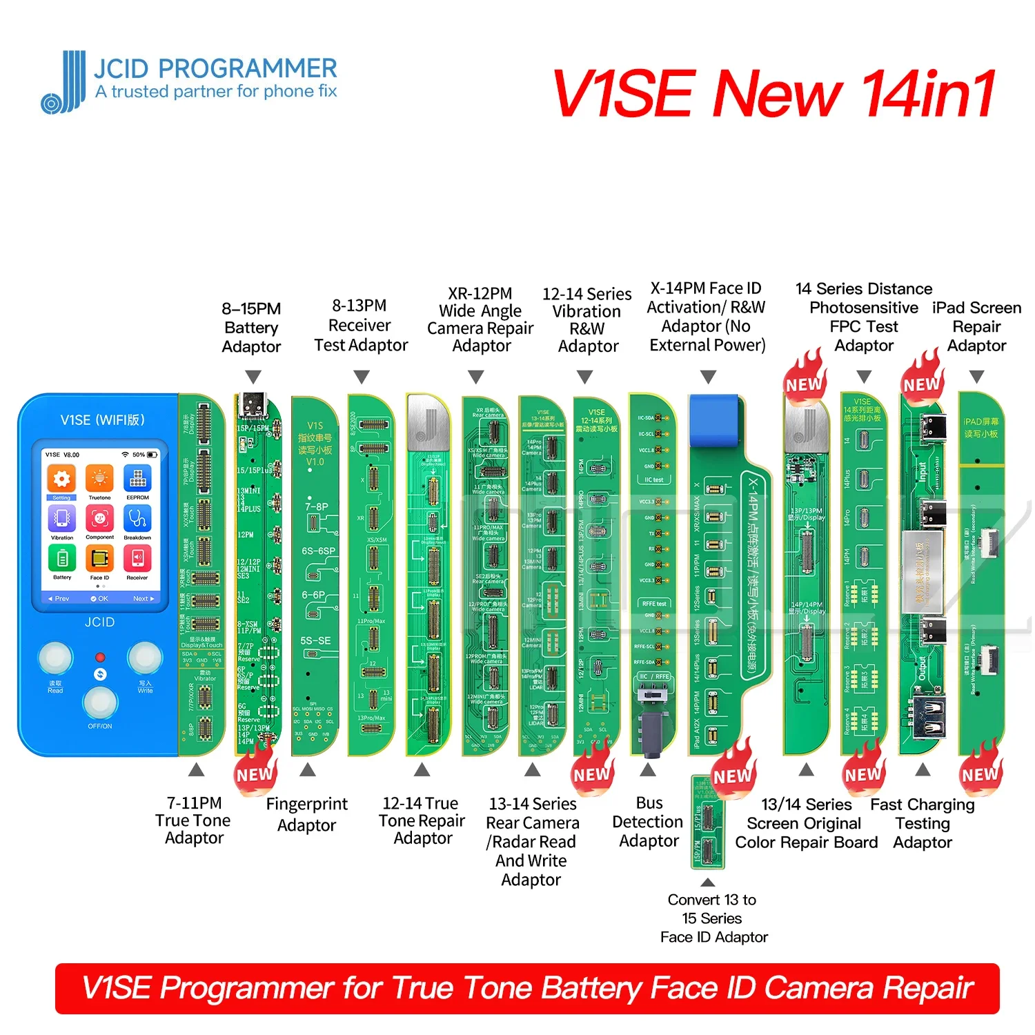 JC V1S V1SE WIFI Version Programmer for iPhone X 11 12 15  Series Photosensitive Original Color Touch Shock Fingerprint Battery